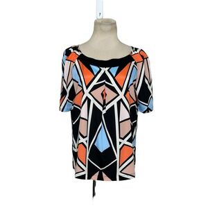 Glam black pink geometric print short sleeves blouse size Medium